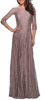 La Femme Floral Lace 3/4-Sleeve A-Line Gown