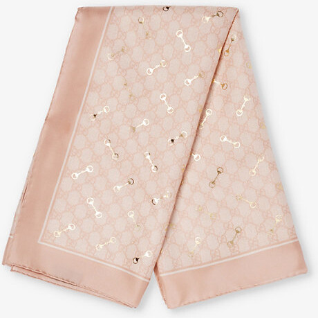 Womens Roseate/Ivory Gg Monogram-Print Horsebit Silk Scarf