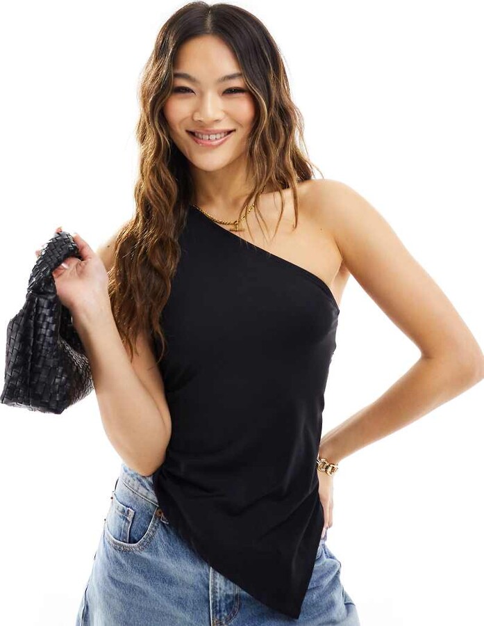 ASOS DESIGN crop off shoulder top with faux fur trim in black