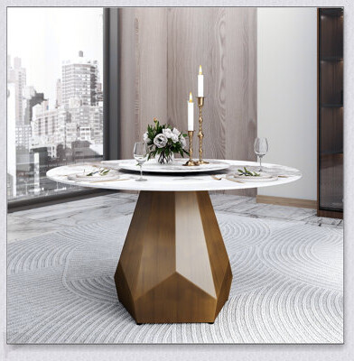 53 Inch Round Artificial Marble Dining Table With Metal Base, Seats 6, Includes 23.62 Inch White Turntable For Easy Serving