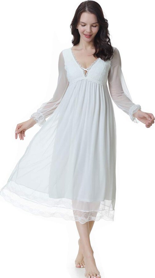 Flwydran Women's Victorian Nightgown Long Sheer Vintage Nightdress Lace V  Neck Lounge Sleepwear Built in Bra Mesh Nightdress White - ShopStyle  Lingerie & Nightwear