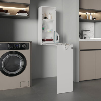 Iron 42" W Foldable Table Cabinet, Foldable Desk, Foldable Dinning Table, Ironing Cabinet with Pull down Table and Shelves White