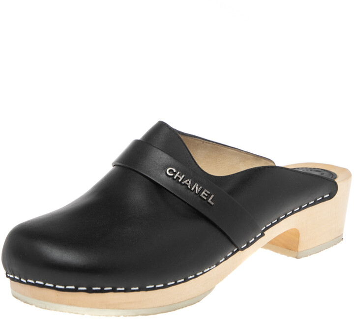 Chanel Black Leather Wooden Clogs Size 39 - ShopStyle