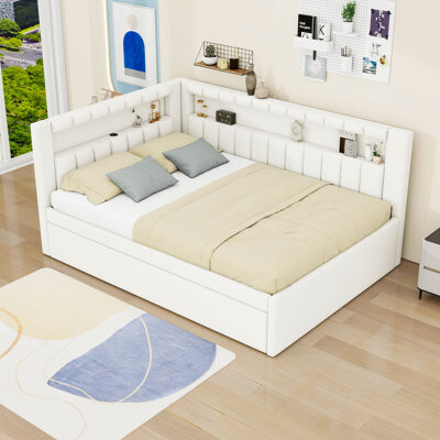 Latitude Run Full Upholstered Platform Bed with USB Ports and LED and Trundle