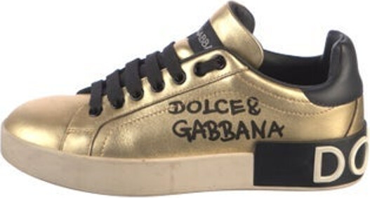 Dolce & Gabbana Leather Low Top Sneakers Gold & Metallic Round-Toes Lace-Up Closure at Uppers Size not listed estimated from measurements. Designer