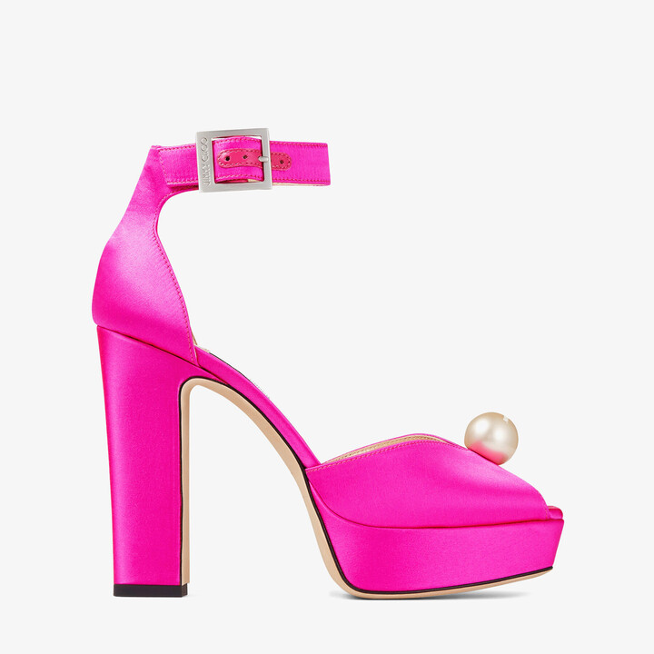 Fuchsia Satin Platform Sandals With Pearl Detailing - ShopStyle