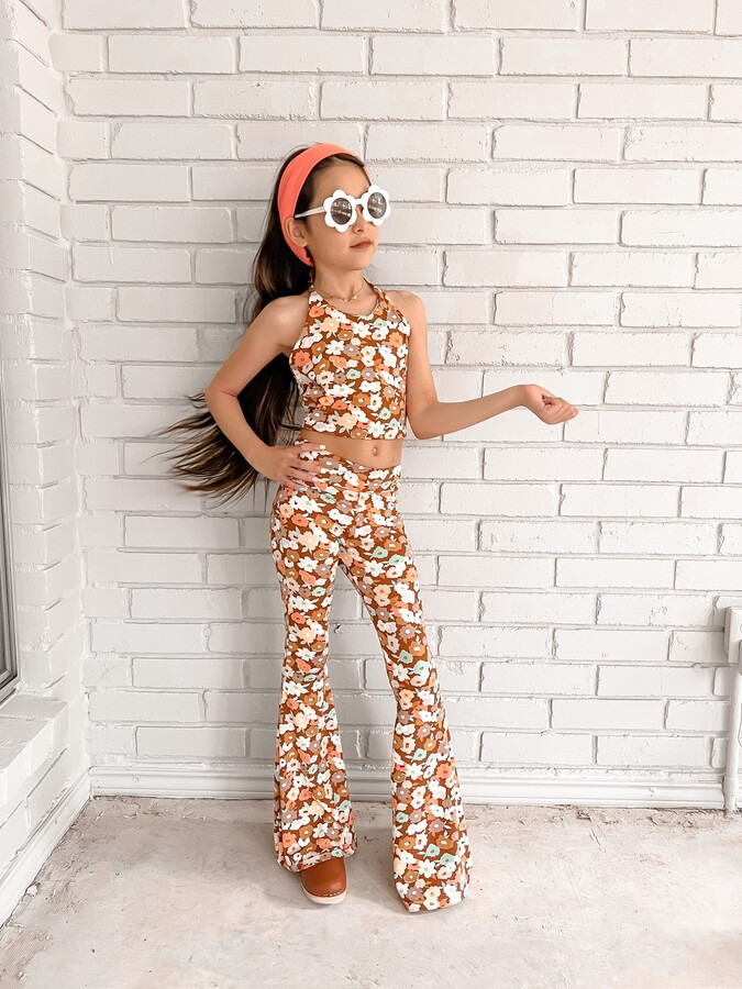 Restocked Girls Watercolor Floral Halter & Bell Bottom Set, Halter Crop Top, Bottom, Toddler Boho Set, Girls Clothing Set