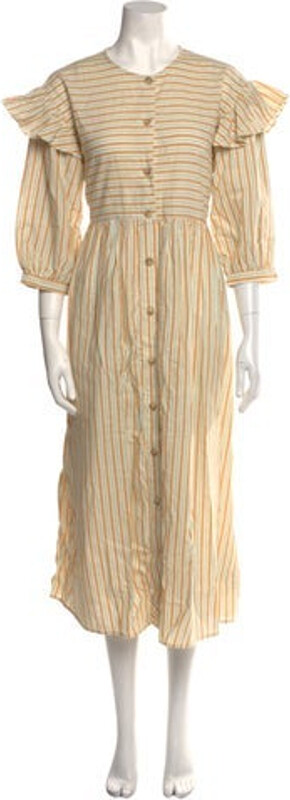 L.F. Markey Shirtdress Neutrals Striped Ruffle Embellishment Short Sleeve with Crew Neck Button Closure at Front