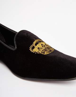 ASOS Loafers in Black Velvet With Crown Embroidery