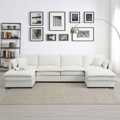 Latitude Run U Shaped Cloud Couch Set with Double Cushions 6 Seat Sleeper Sofa Bed with Ottomans
