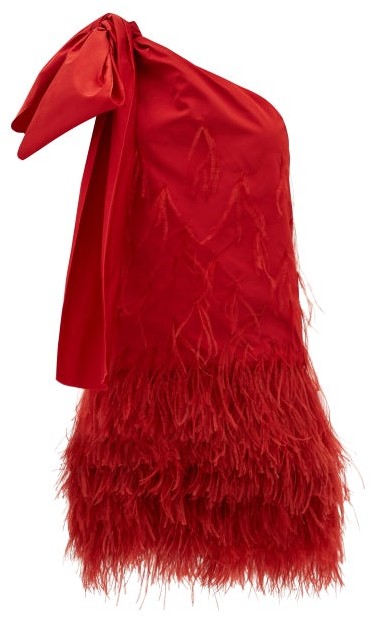 red dress with feathers
