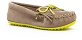 Thumbnail for your product : Minnetonka Kilty Suede Moc Stone Suede / Lime