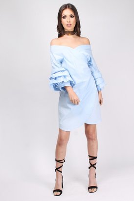 Rare Blue Frill Sleeve Wrap Shirt Dress