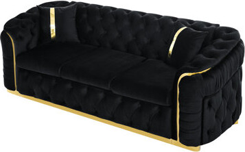Gray Velvet Button 3 , 90.6 Inches Luxury With 2 Pillows And Gold Stainless Steel Accents For Living Room , Highlights Space