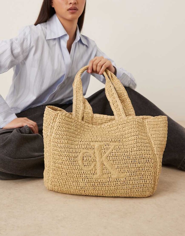 Calvin Klein Jeans medium logo raffia tote bag in natural