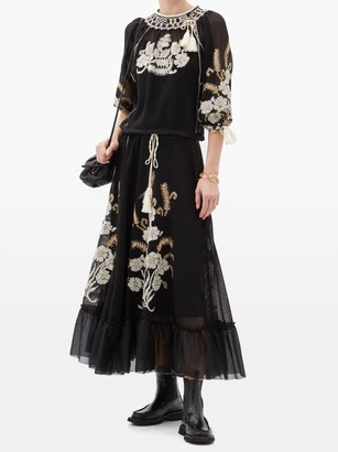 RED Valentino Floral-embroidered Gauze Maxi Dress - Black