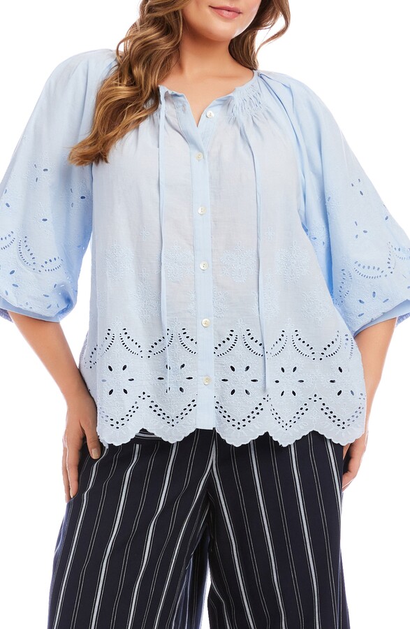 Karen Kane Eyelet Embroidered Cotton Button-Up Top