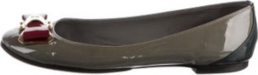 Louis Vuitton Patent Leather Flats Grey Studded & Bow Accents Semi-Pointed Toes Designer