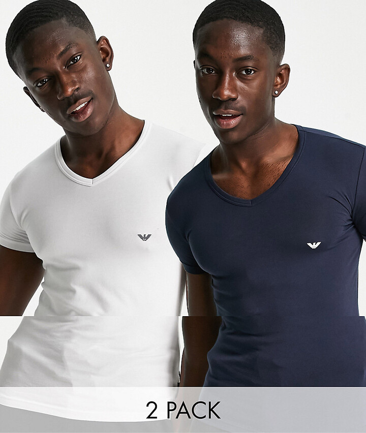 Emporio Armani Bodywear Emporio Armani Loungewear 2 pack v neck logo lounge  t-shirts in white and navy - ShopStyle