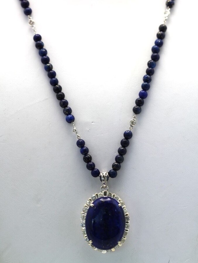 Etsy Oval Lapis & Diamond Pendant 2.80 Carats Chain 22\