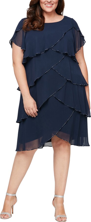 SL Fashions Bugle Beaded Tiered Cocktail Dress