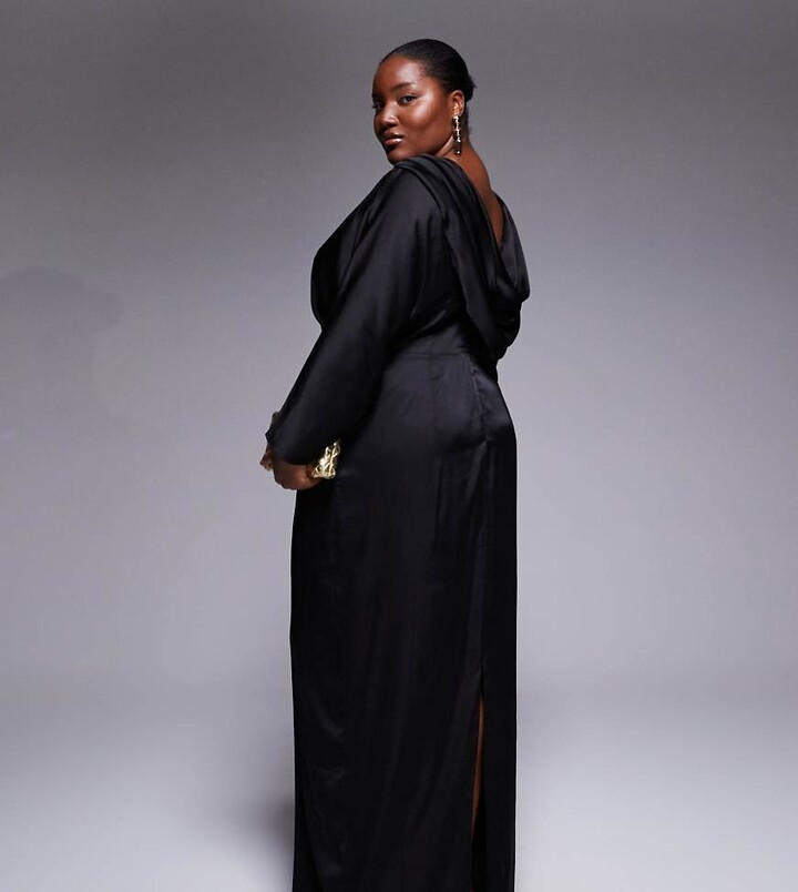 TFNC Plus long sleeve satin cowl back maxi dress in black