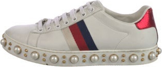 Gucci Leather Low Top Sneakers White Faux Pearl Accents, Interlocking G Logo & Sylvie Web Accent Round-Toes with Studded Accents Lace-Up Closure at Uppers Includes Dust Bag Designer