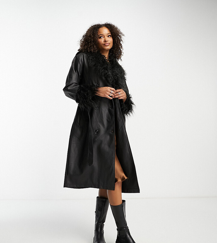 Urban Code Tall longline pu trench coat with faux shaggy fur collar in black  - ShopStyle