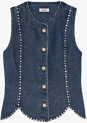Sandro Womens Blue Jean Rhinestone-Embellished Sleeveless Denim Top 12