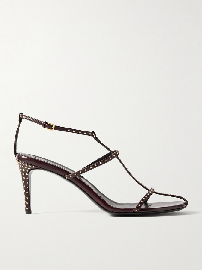 KHAITE Cage Studded Glossed-leather Sandals - Burgundy