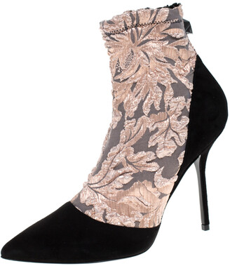Pierre Hardy Black Suede Leather And Pink Floral Fabric Pointed Toe Ankle Boots Size 38.5