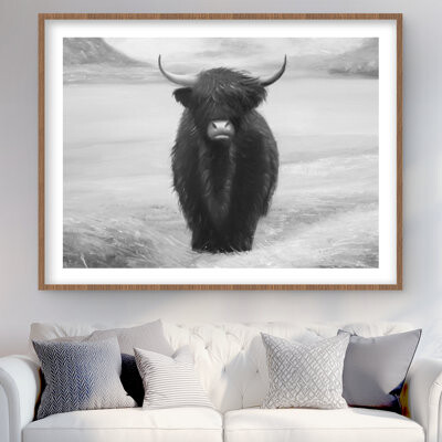 Lark Manor Monochrome Highland Cow | Gray Framed Matted Print for Decor