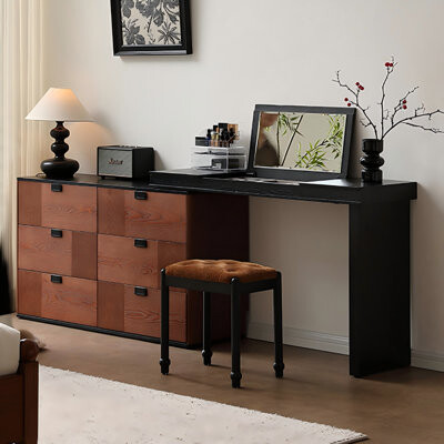 47.24"Retro Black and Brown Extendable Vanity and Chest of Drawers With Makeup Stool