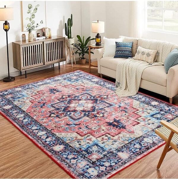 coucheta 8x10ftBohoMedallionAreaRugWashableLow-PileFloralNon-SheddingSoftCarpetNon-SlipforDiningRoomHomeOfficeBedroomEntryway
