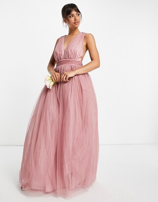 ASOS DESIGN tulle plunge maxi dress dress with bow back detail in rose