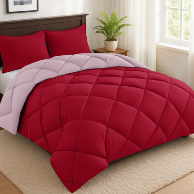 LuxDecorCollection Down Alternative Microfiber Reversible Comforter Set - 3 Pcs All Season Diamond Pattern Comforter with Shams