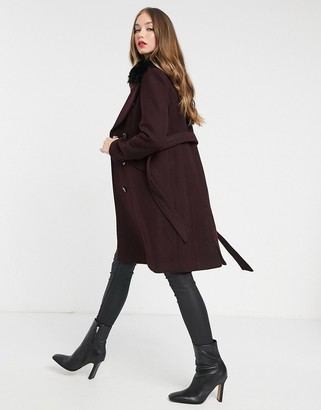 Morgan double-breasted coat with faux-fur collar detail in burgundy