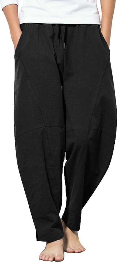 JINIDU Mens Cotton Linen Pants Drawstring Elastic Waist Baggy Harem Yoga Pant 