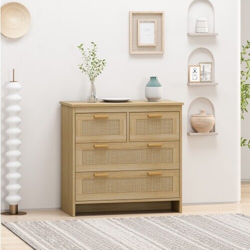 ACEPANO31.5in.HWickerCabinetwith4DrawersforBedroomLivingRoomDiningRoom&Hallway-Natural