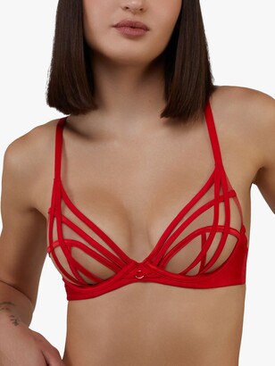 Red Heart Spot Embroidered Mesh Plunge Bra