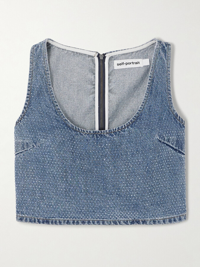 Self-Portrait Cropped Crystal-embellished Denim Top - Blue
