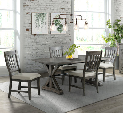 Sunset Trading Trestle 5 Piece Dining Set | 96" Rectangular Extendable Table | 4 Upholstered Side Chairs | Distressed Gray Wood | Seats 8