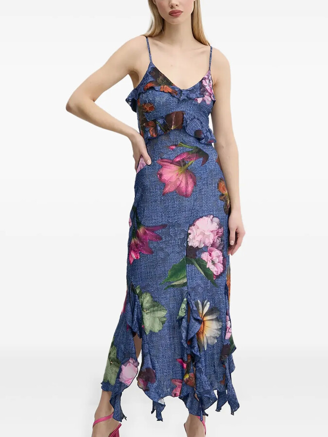 Desigual Ruffled Floral-Print Asymmetrical-Hem Dress