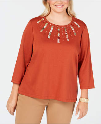 Alfred Dunner Plus Size Autumn in New York Embellished Appliqué Knit Top