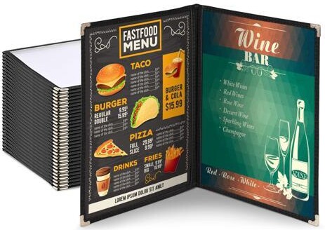 Yescom USA, Inc. 30pc Menu Cover 8.5x11 Letter Double Fold 2 Page 4 View Restaurant Black Trim