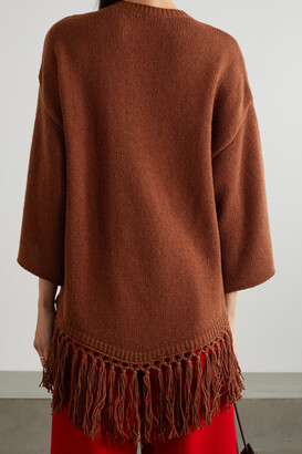 【VALENTINO】crystal-embellished fringed wool-blend poncho Valentino Garavani Fringed Embroidered Wool Poncho - Brown