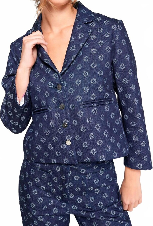 Vilagallo Denim Printed Blazer In Navy Blue