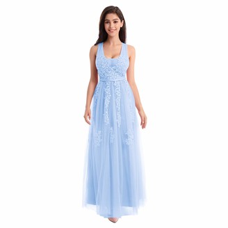 FYMNSI Women Wedding Bridesmaid Dress Lace Applique Tulle Tutu Floor Length Sleeveless Double V-Neck A-line Long Maxi Gown for Evening Cocktail Pageant Homecoming Formal Occasion Light Blue UK 12