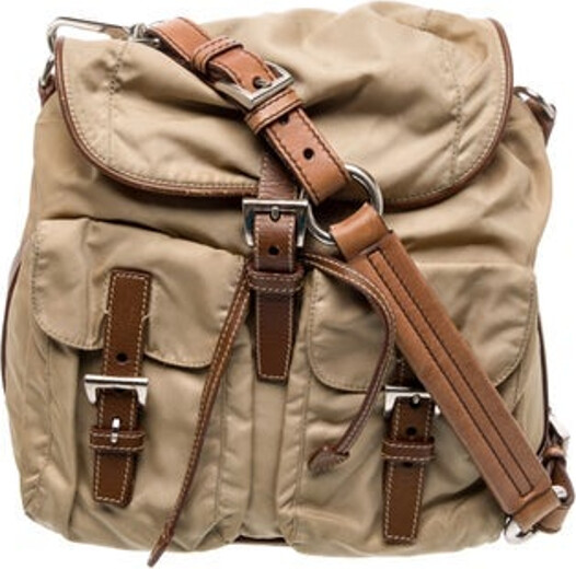 Prada Shoulder Bag Neutrals Tessuto Colorblock Pattern Tessuto Nylon Silver-Tone Hardware Leather Trim Single Shoulder Strap Leather Trim Embellishment & Dual Exterior Pockets Logo Jacquard Lining & Single Interior Pocket Buckle Closure at Front Protective Feet at Base