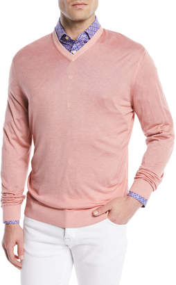 Kiton Washed Cashmere-Silk V-Neck Sweater, Pink